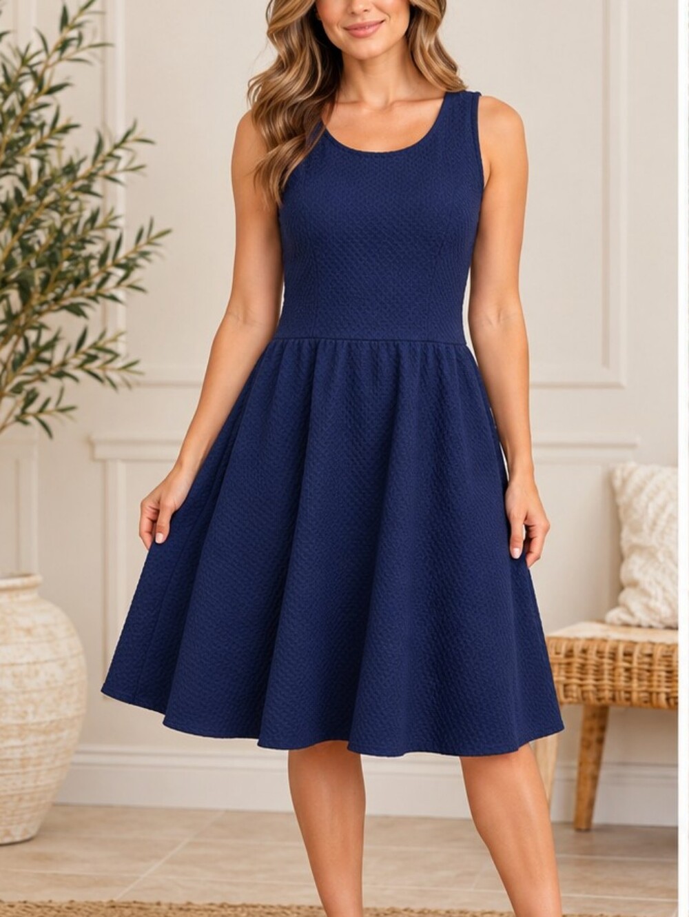 Reynah Couture Navy Blue Textured A-Line Dress Size Large